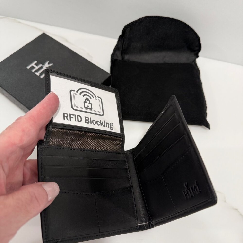 Mens Genuine Leather Wallet RFID Blocking Bifold 2‎ ID Window Black NEW